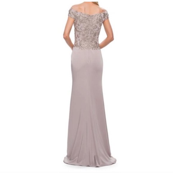 La Femme off the shoulder light taupe embroidered bodice dress size 14 - Picture 2 of 7